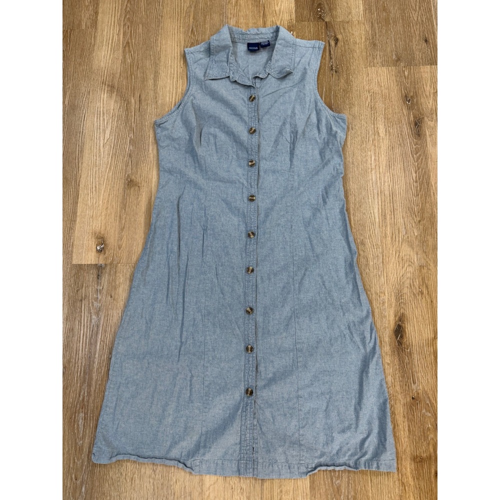 Basic Editions Boho Minimalist Shirt Dress 12 Blue Sleeveless Button Up Preppy